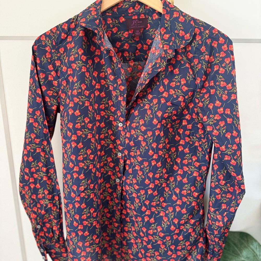 J. Crew Blue and Red Casual Button Down Shirt with Floral Print